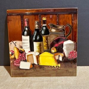 PING Ceramic Tile Wall Art Wine Themed 8 x 8 Hand Painted Signed Artist Ping